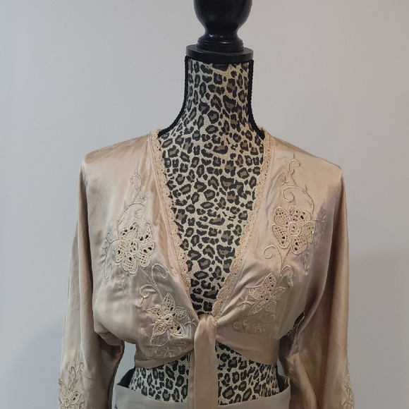 Hale Bob Tops - 100% Silk Beige Satin Embroidered Tie-Front Top